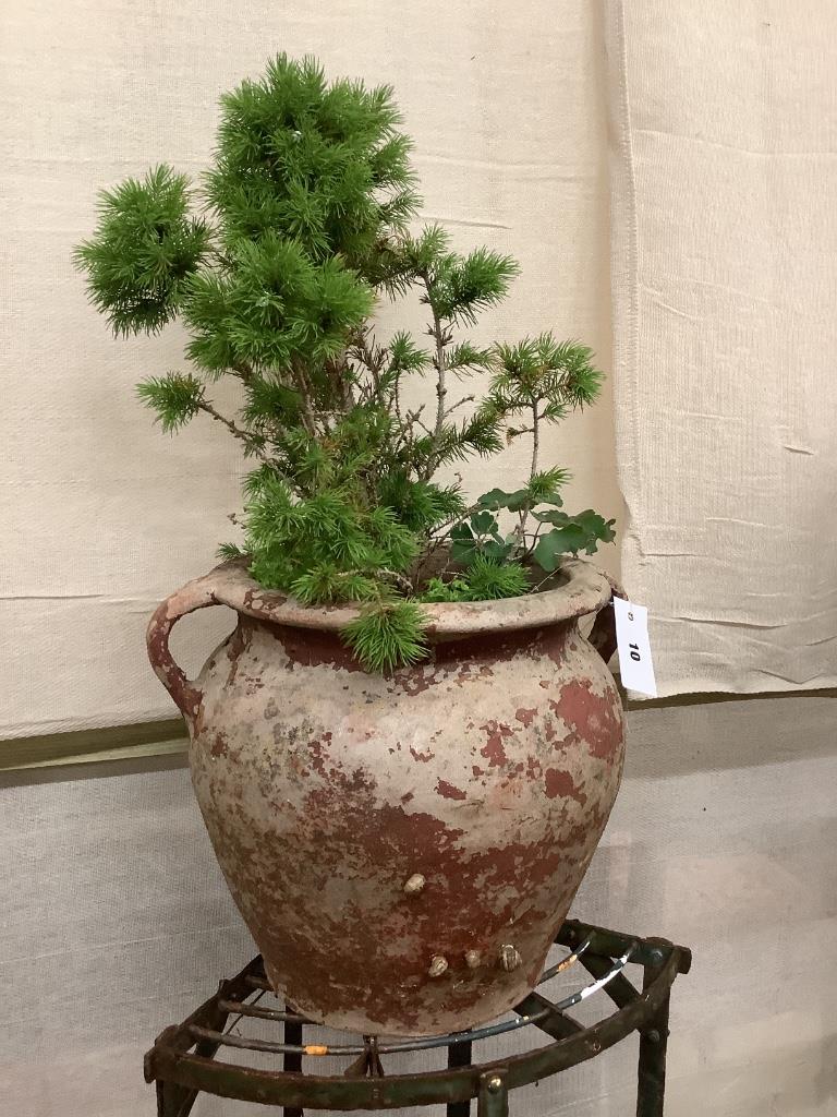 Five assorted terracotta pots together with a wrought iron corner pot stand, height 75cm